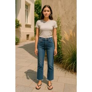 ZARA Women’s High Rise Slim Bootcut Jeans Blue Raw Hem Stretch Denim Size 4